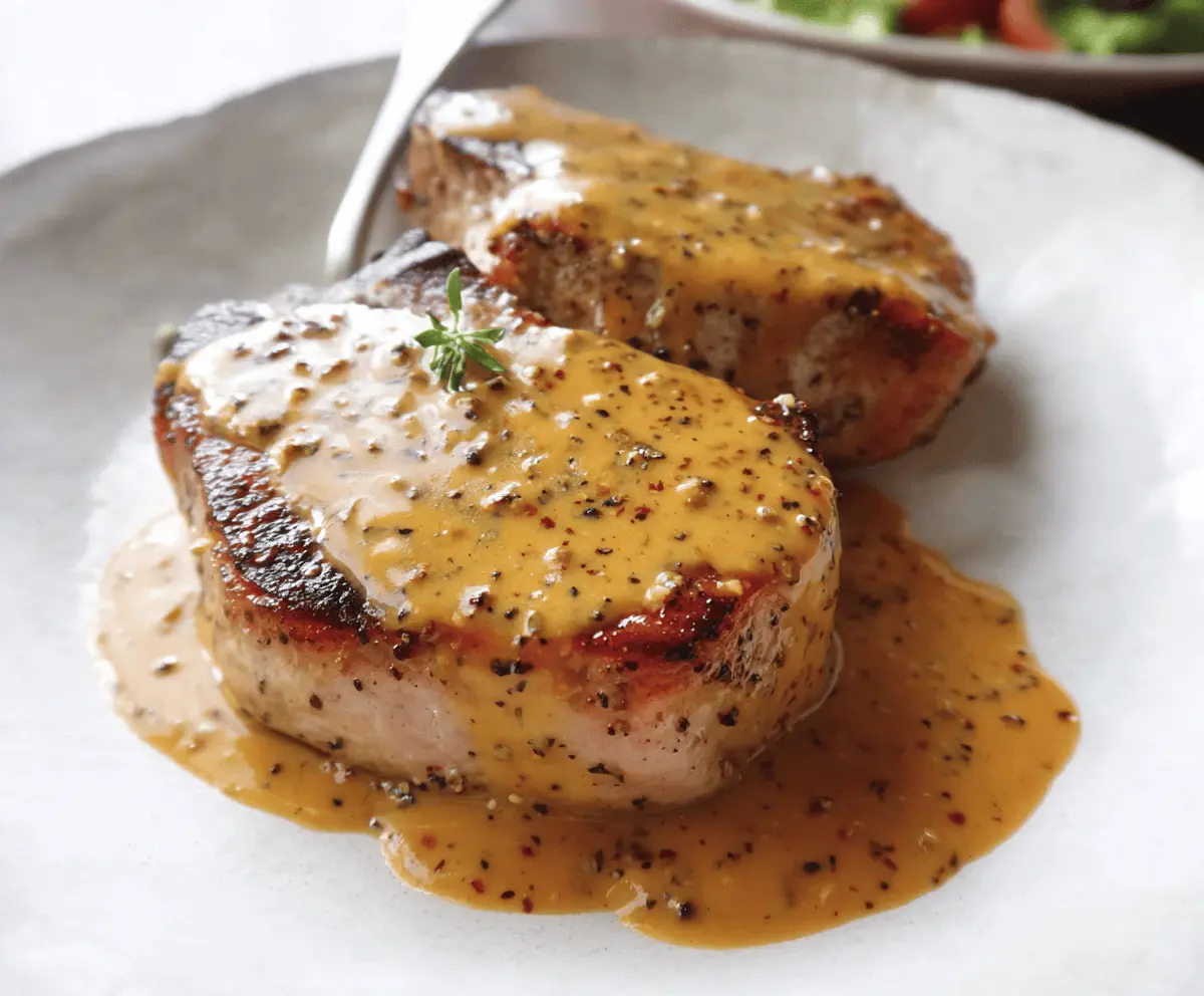 Delicious Dijon Pork Chops served with roasted vegetables on a rustic plate.