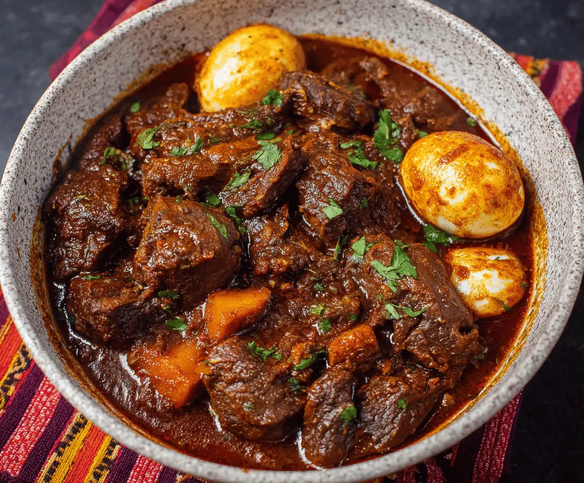 Savory Ethiopian Beef Stew served in a traditional bowl with injera bread and fresh herbs, showcasing rich spices and tender meat