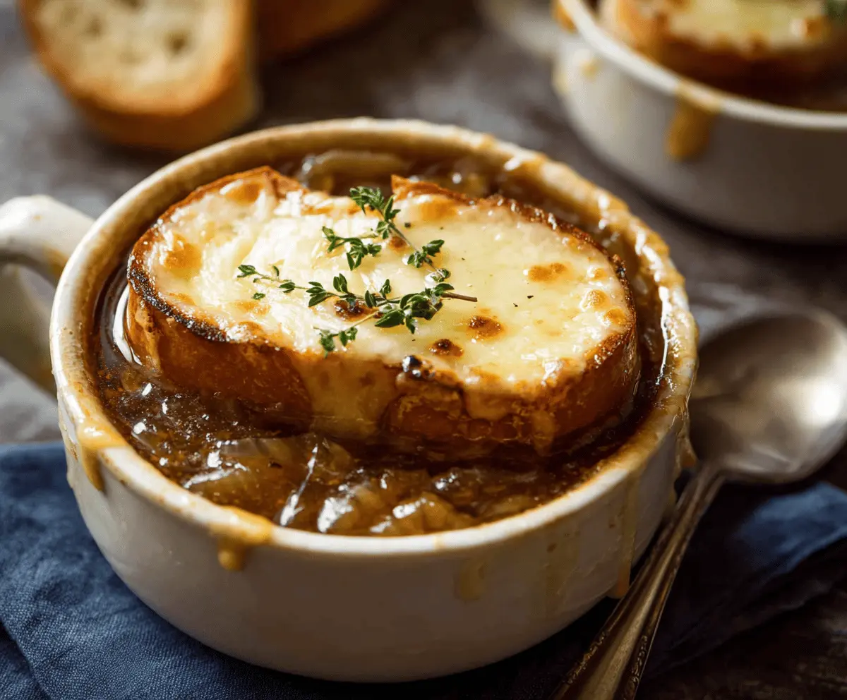 A bowl of classic French Onion Soup topped with melted cheese and toasted baguette slices, garnished with fresh herbs on a rustic wooden table.