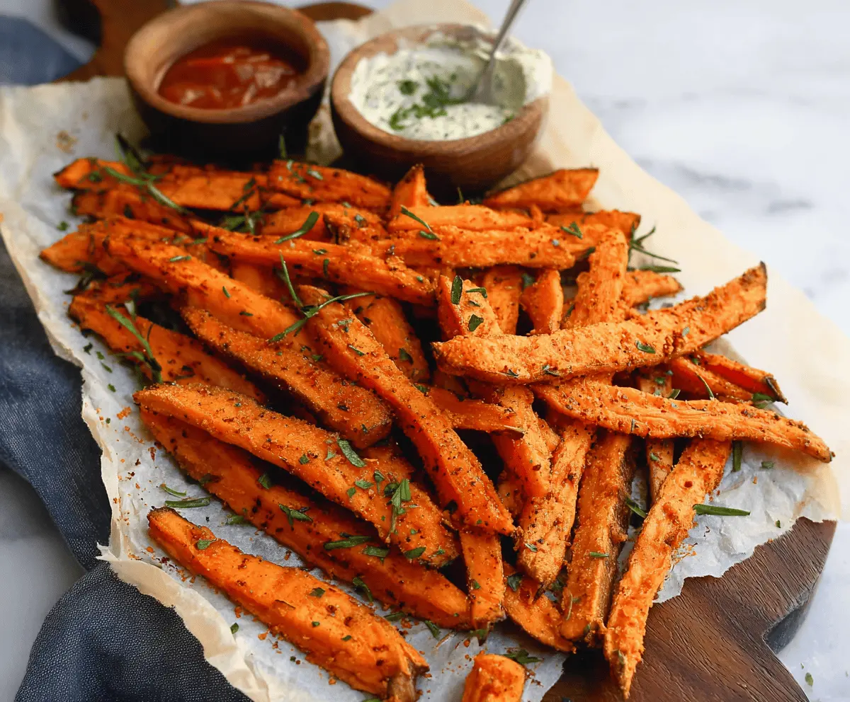 Golden garlic-infused sweet potato fries served on a rustic plate, crispy and seasoned for a delicious snack or side dish.
