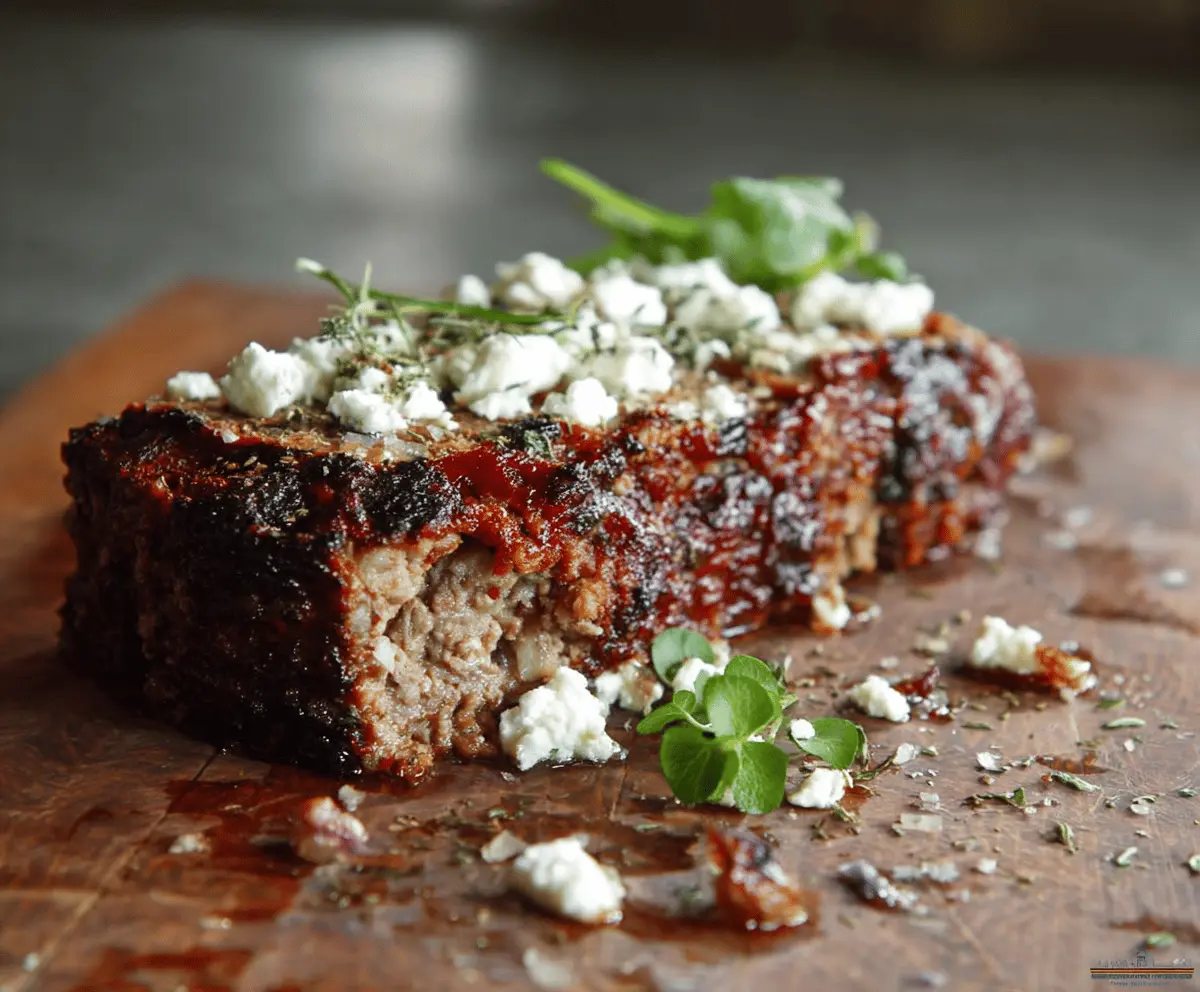 Delicious Greek meatloaf garnished with fresh herbs on a rustic plate.