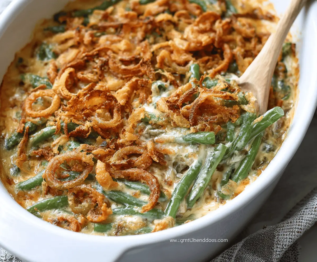 Creamy green bean casserole topped with crispy fried onions, served in a baking dish for a classic holiday side dish.