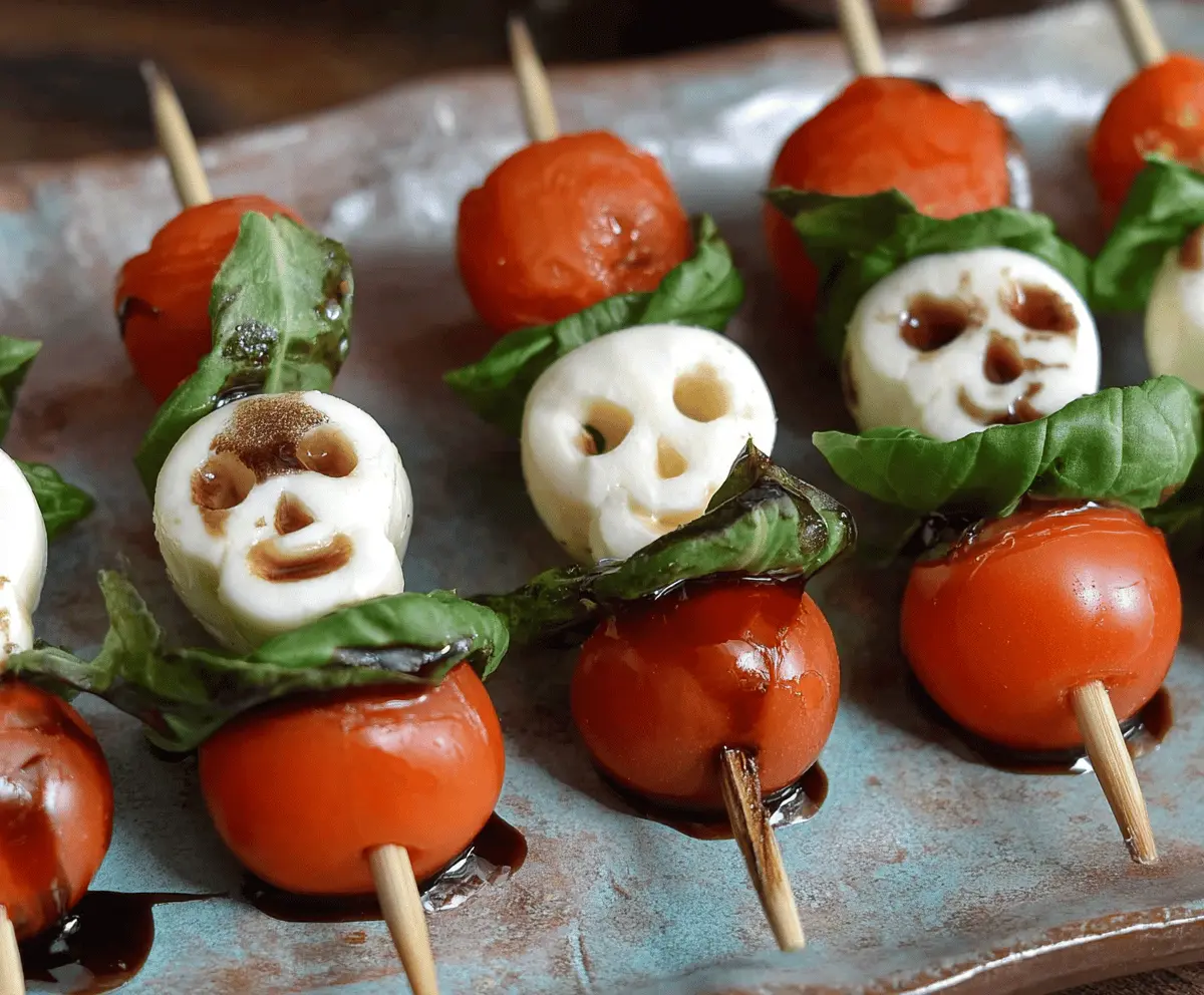 Colorful Halloween Caprese Skewers with cherry tomatoes, mozzarella balls, fresh basil, and spooky themed decorations, perfect for festive appetizer platters.