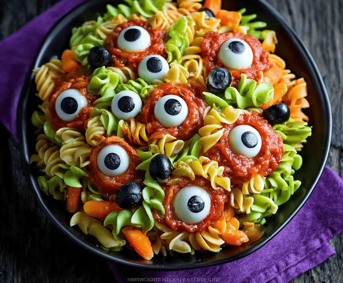 Colorful Halloween Eyeball Pasta Salad with spooky eyeball-shaped pasta, fresh vegetables, and eerie garnish for a festive spooky dinner.