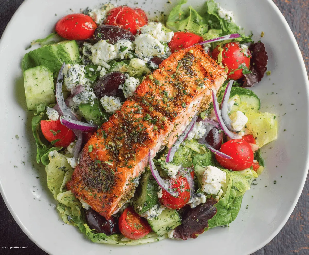 Fresh and healthy salmon salad with mixed greens, cherry tomatoes, cucumbers, and a lemon vinaigrette drizzle on a white plate.