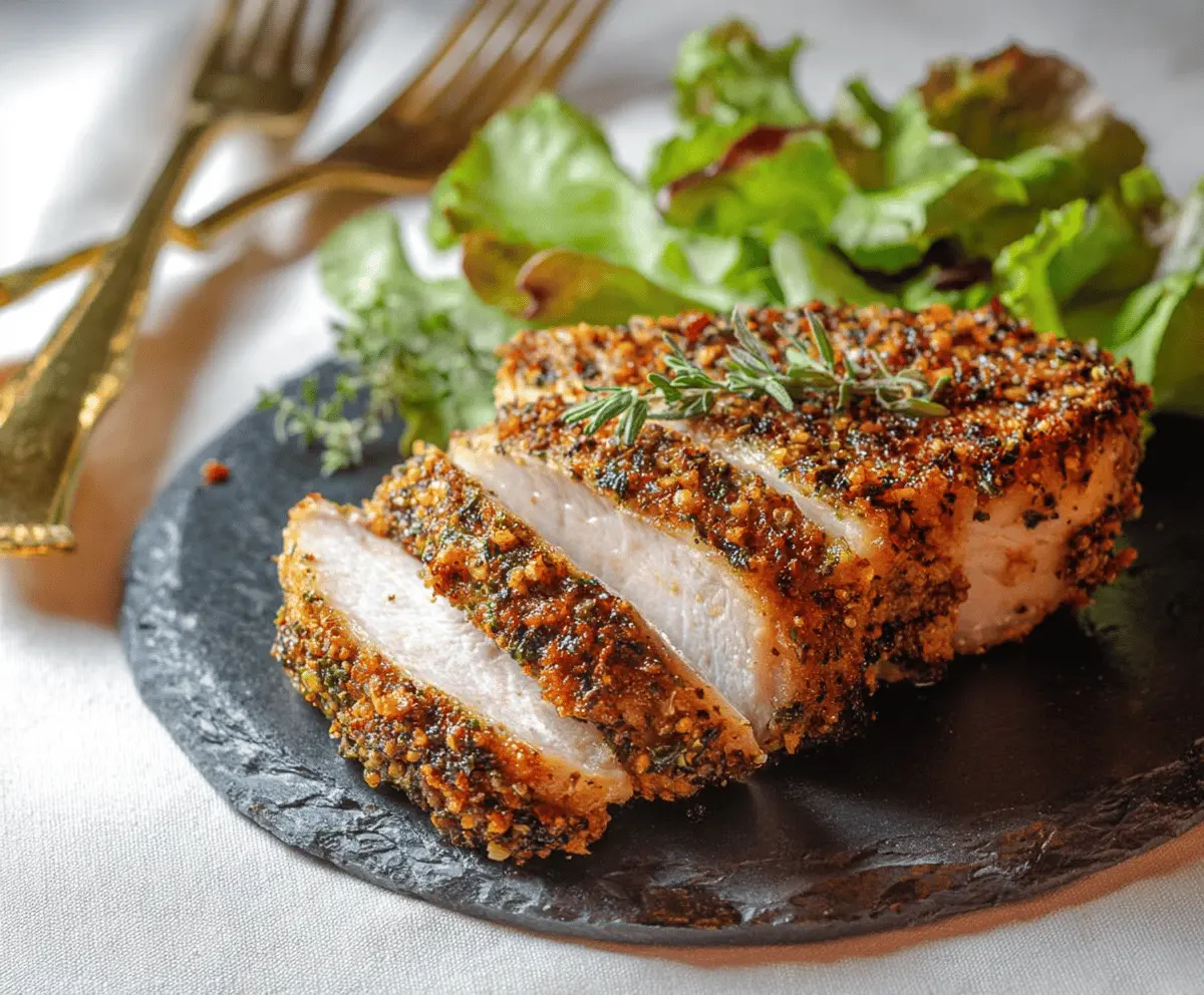 Juicy herb-crusted pork chops garnished with fresh herbs on a rustic plate, ready to serve.