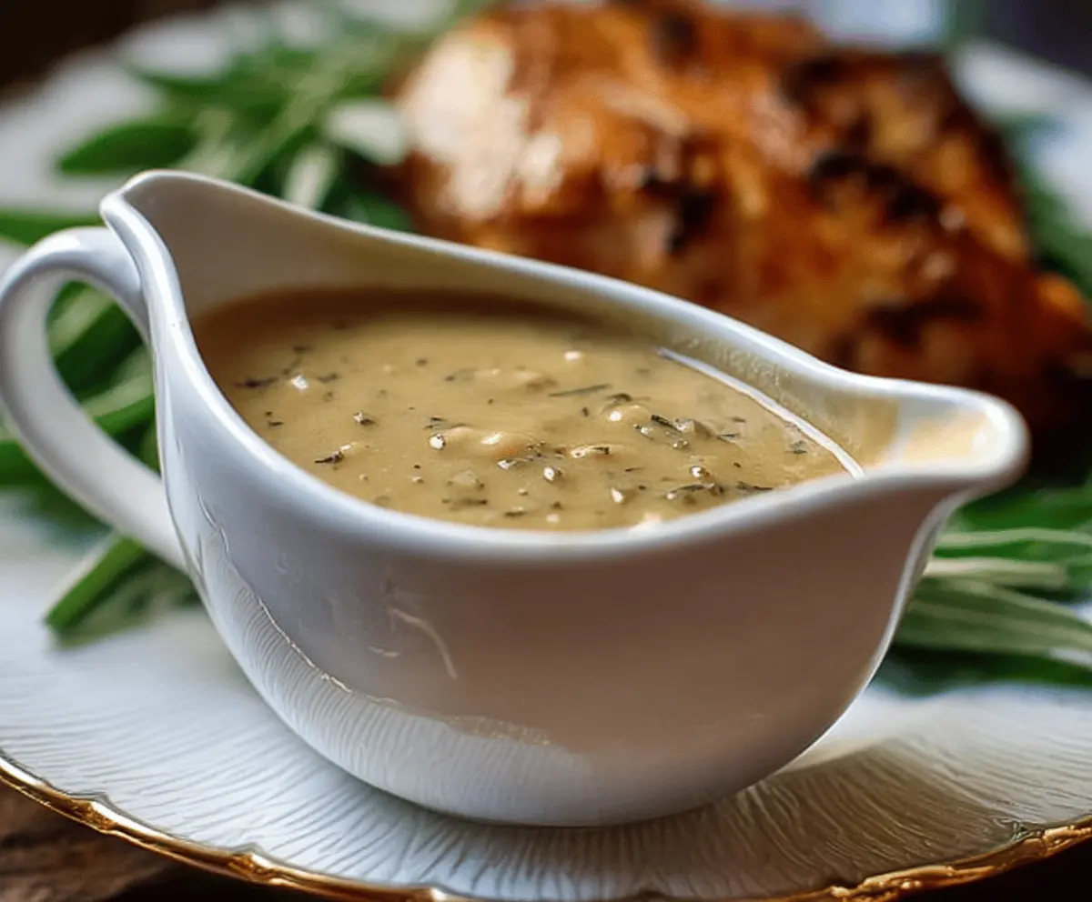 Creamy herbed turkey gravy served in a rustic bowl, garnished with fresh herbs for a flavorful holiday meal