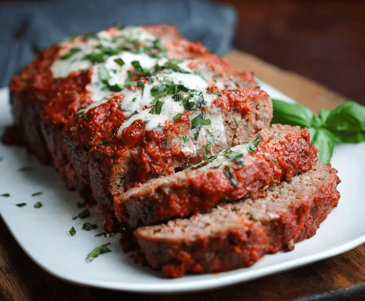 Juicy Italian Meatloaf topped with melted cheese and fresh herbs, served sliced on a platter