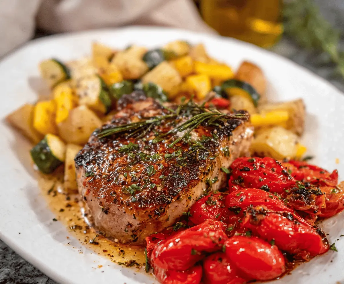 Juicy Italian-style pork chops garnished with fresh herbs and served with roasted vegetables on a rustic plate