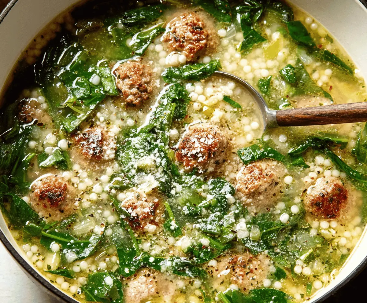 A bowl of Italian Wedding Soup with meatballs, spinach, and small pasta, garnished with grated Parmesan cheese, served in a white bowl on a wooden table.
