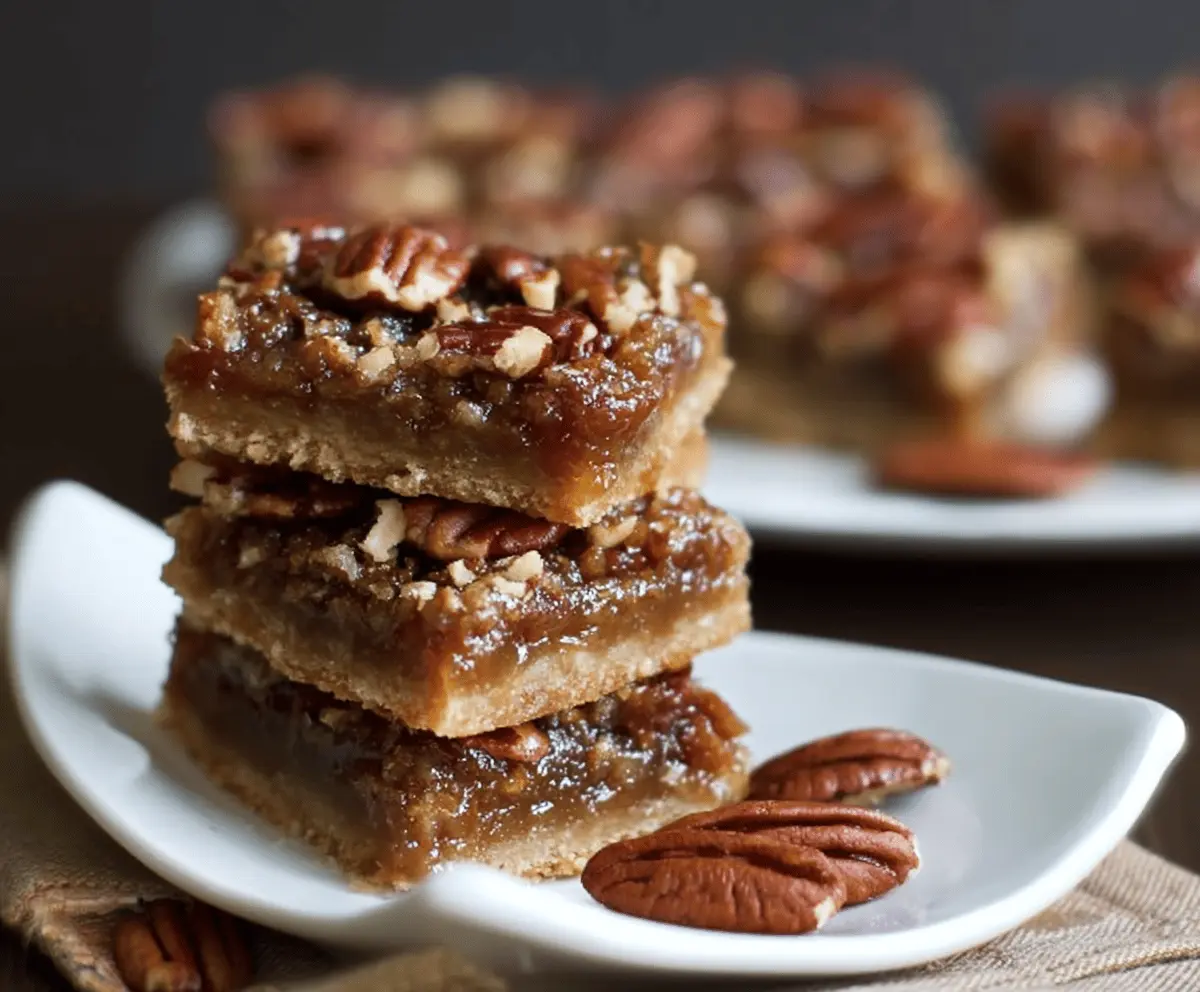 Delicious Maple Pecan Pie Bars topped with toasted pecans and drizzled with maple syrup on a rustic wooden surface