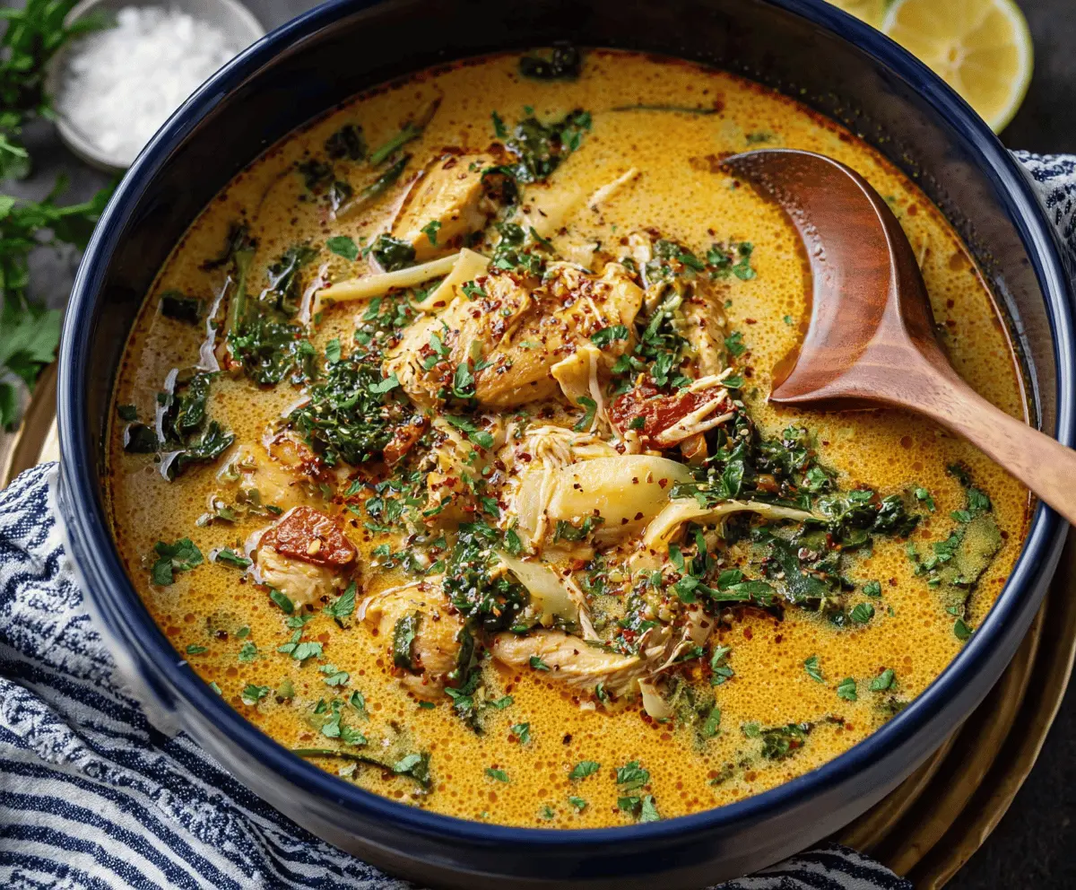 Creamy Marry Me Chicken Soup with tender chicken, fresh herbs, and cheesy goodness in a comforting bowl