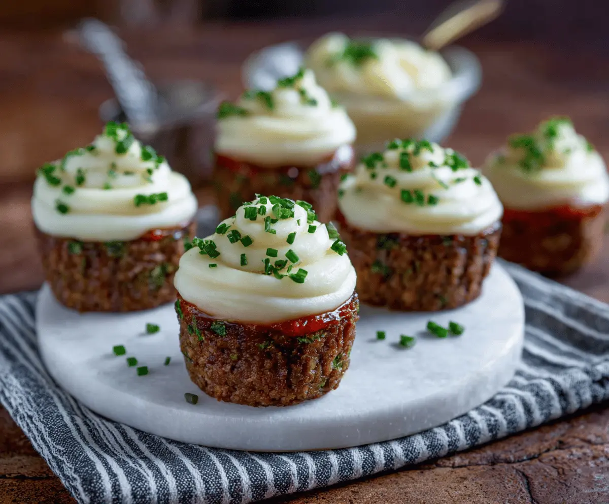 Delicious meatloaf cupcakes topped with creamy mashed potato frosting, served on a white plate for a comforting meal.