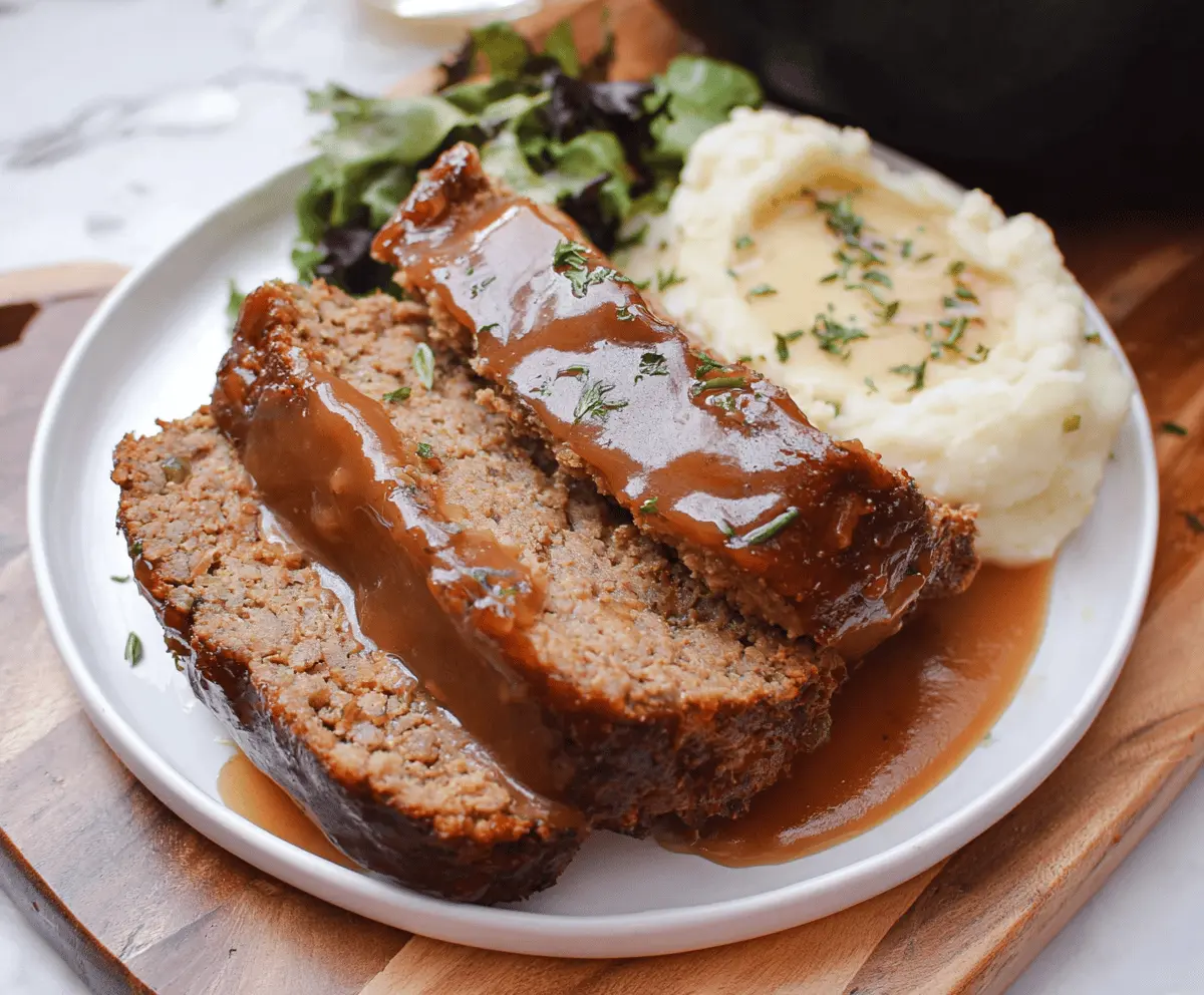 Delicious homemade meatloaf topped with rich brown gravy served on a plate with mashed potatoes and vegetables