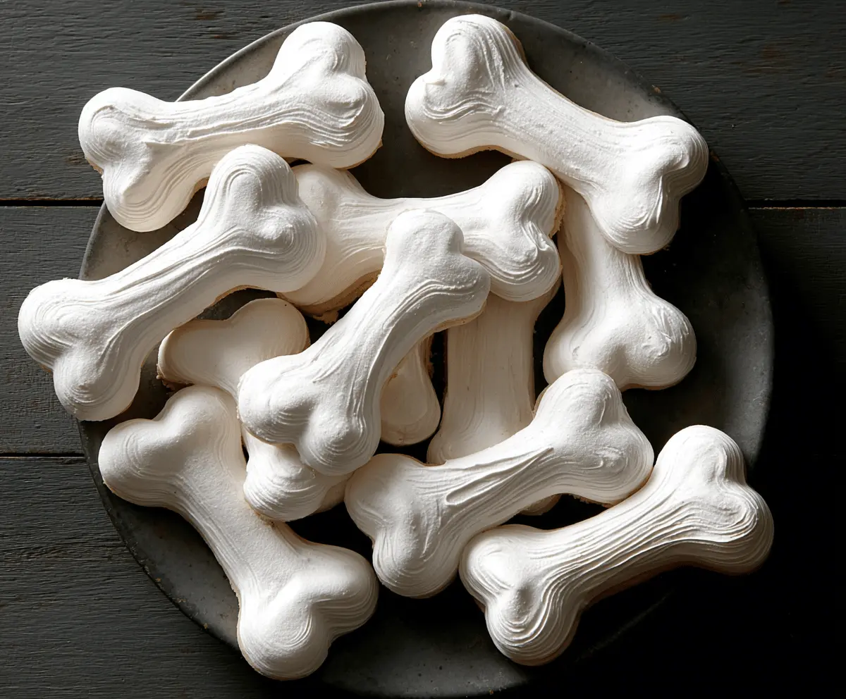 Decorative Meringue Bone Cookies on a white plate, perfect for Halloween treats and festive desserts