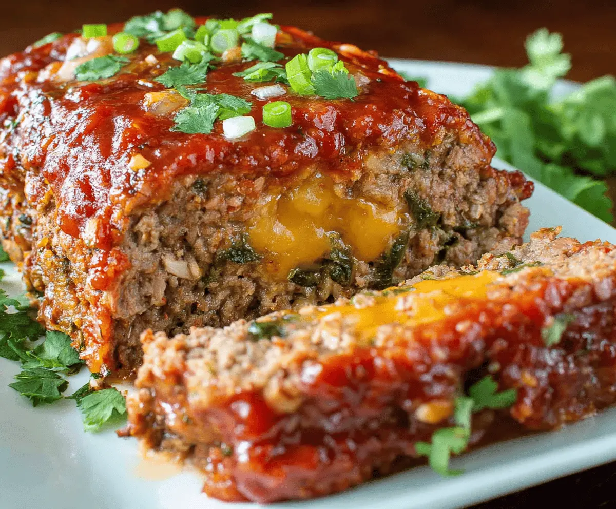Delicious Mexican meatloaf topped with melted cheese, garnished with fresh cilantro and sliced jalapeños on a rustic plate.