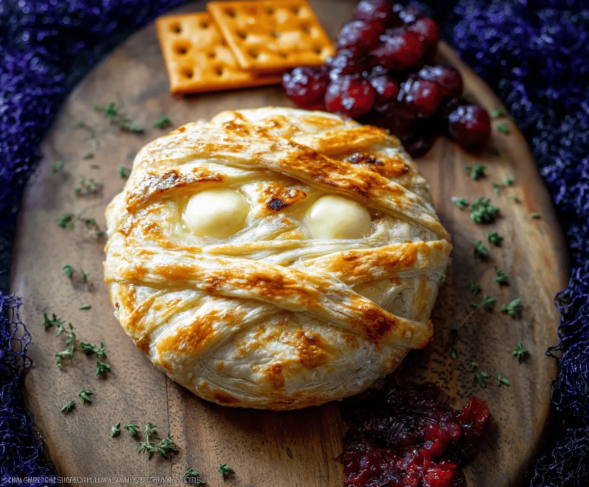 Delicious Mummy Baked Brie topped with black olive eyes and crispy pastry strips, perfect for Halloween parties or festive gatherings.