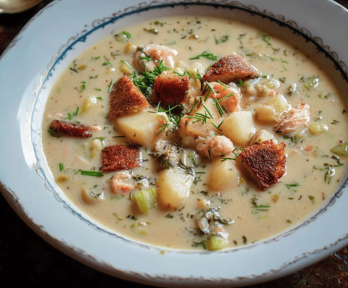 Creamy New England Clam Chowder in a bowl garnished with fresh herbs, served with oyster crackers and a slice of crusty bread