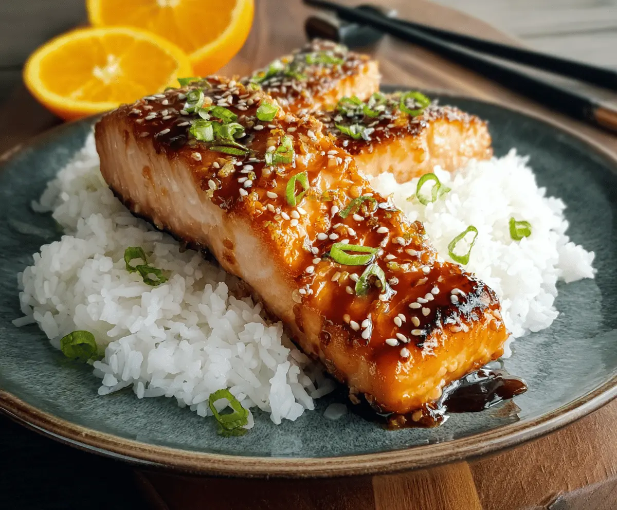 Juicy orange teriyaki glazed salmon fillet garnished with fresh herbs on a white plate, served with steamed vegetables