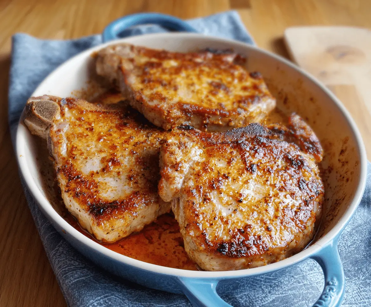 Juicy oven-baked pork chops seasoned and cooked to perfection on a baking tray.