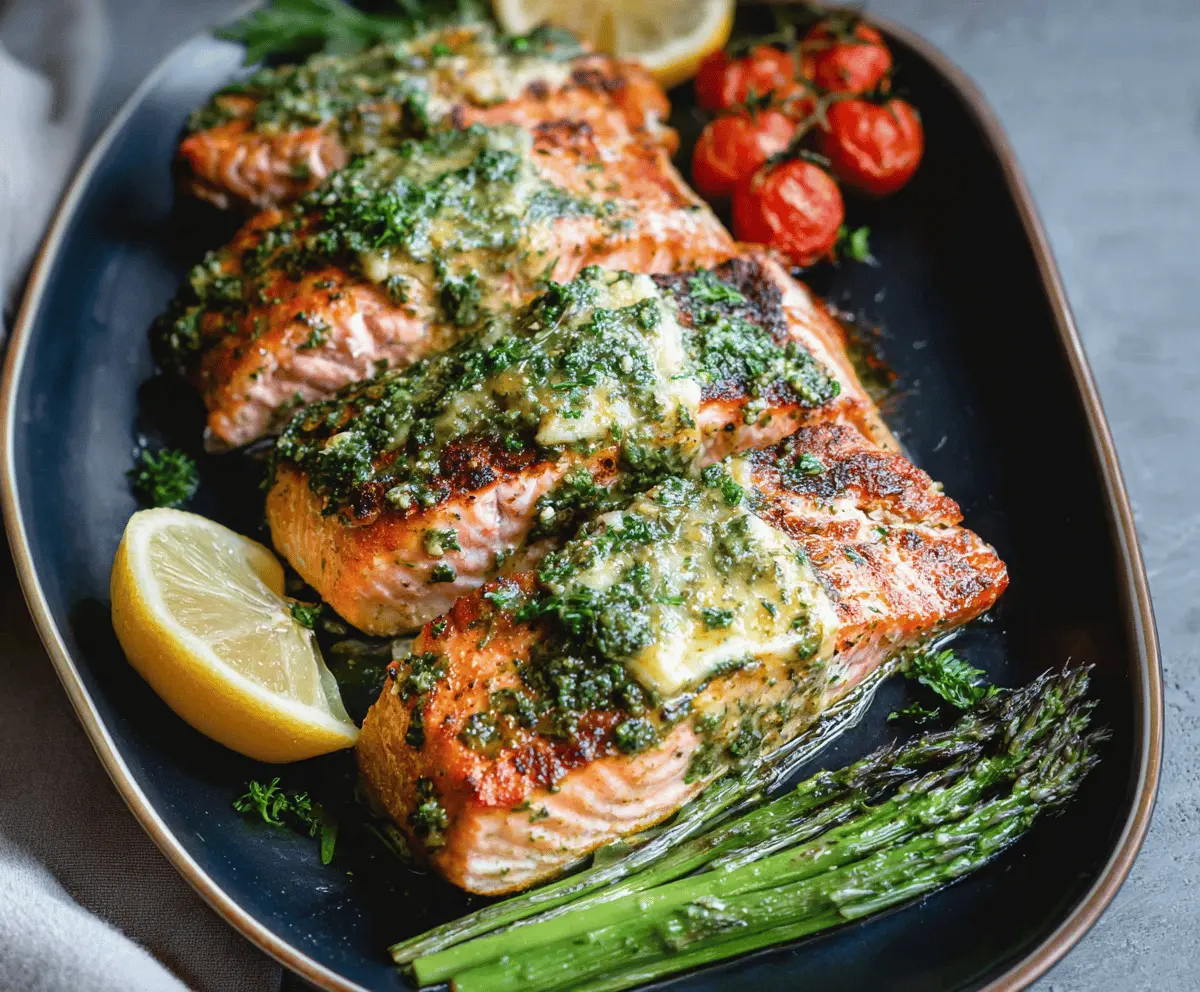 Creamy pesto butter salmon fillet garnished with fresh herbs on a white plate, perfect for a flavorful and healthy seafood dinner.
