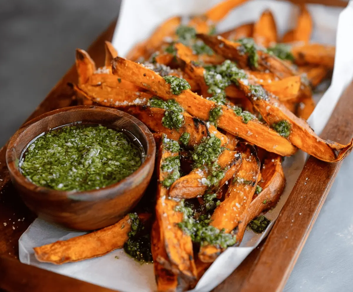 Crispy baked sweet potato fries topped with vibrant green basil pesto sauce, served as a delicious and healthy snack or side dish