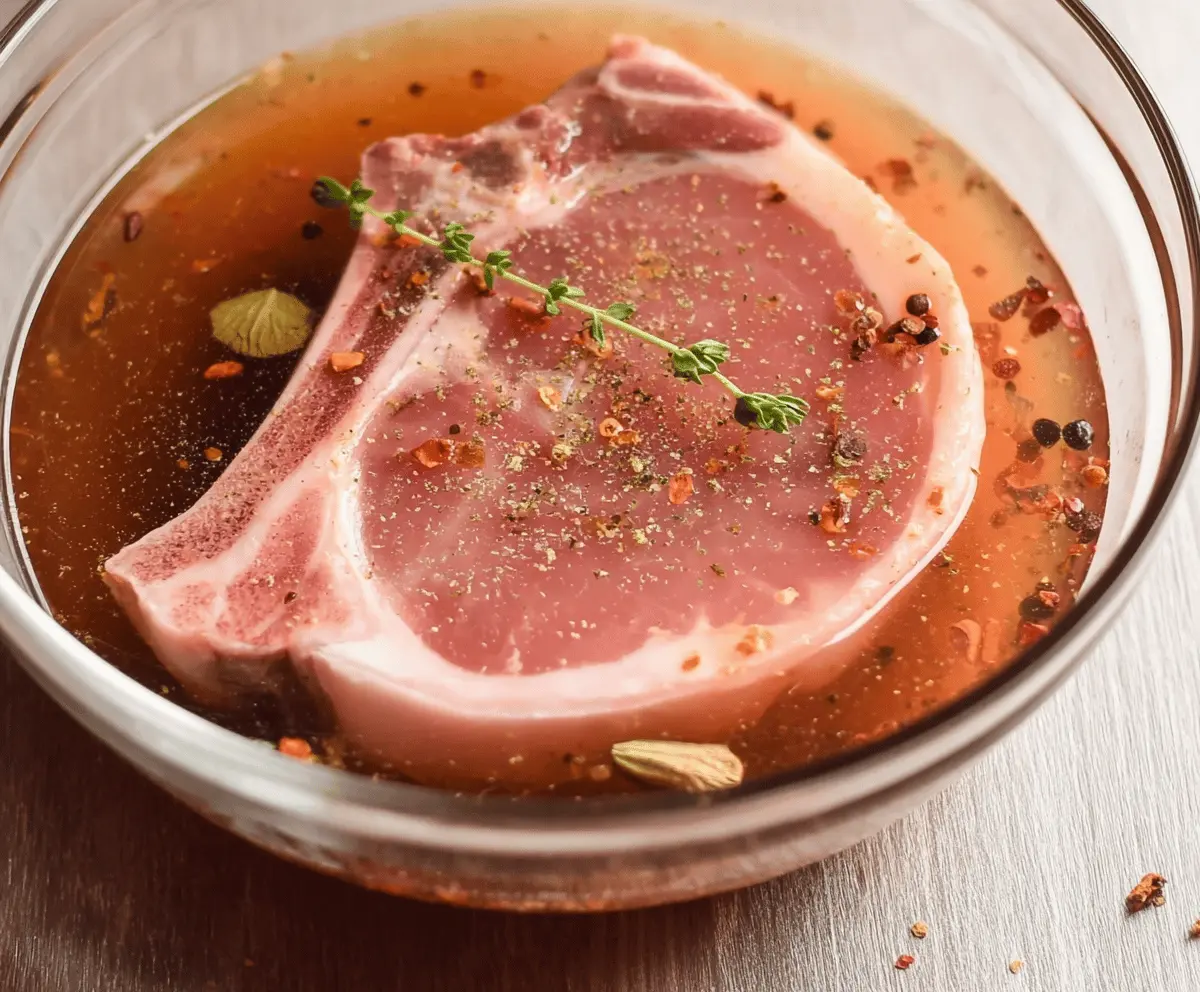 Juicy pork chops soaking in a flavorful brine for tender, delicious results