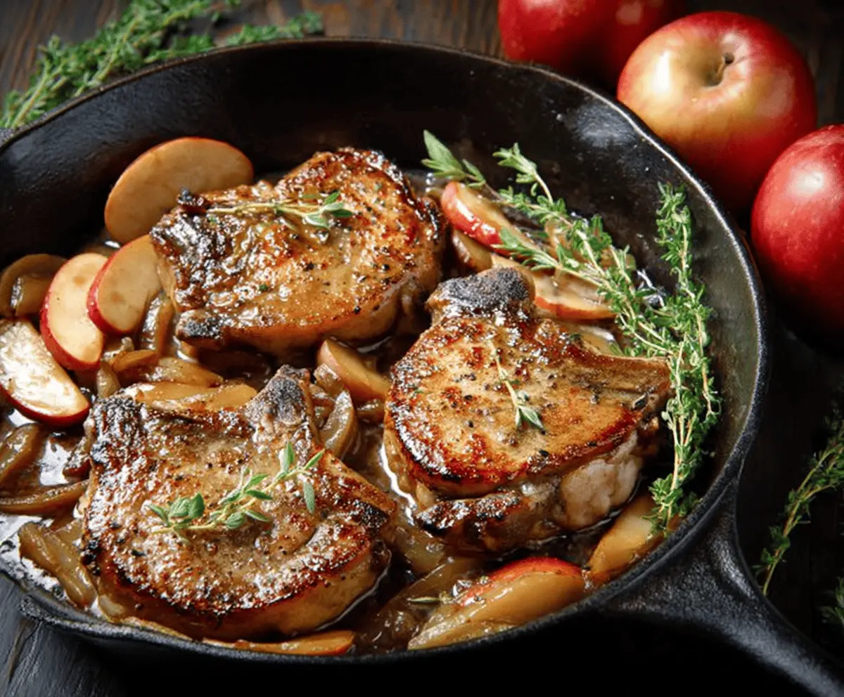 Juicy pork chops cooked with flavorful apple cider, garnished with fresh herbs, served on a plate perfect for a delicious dinner.