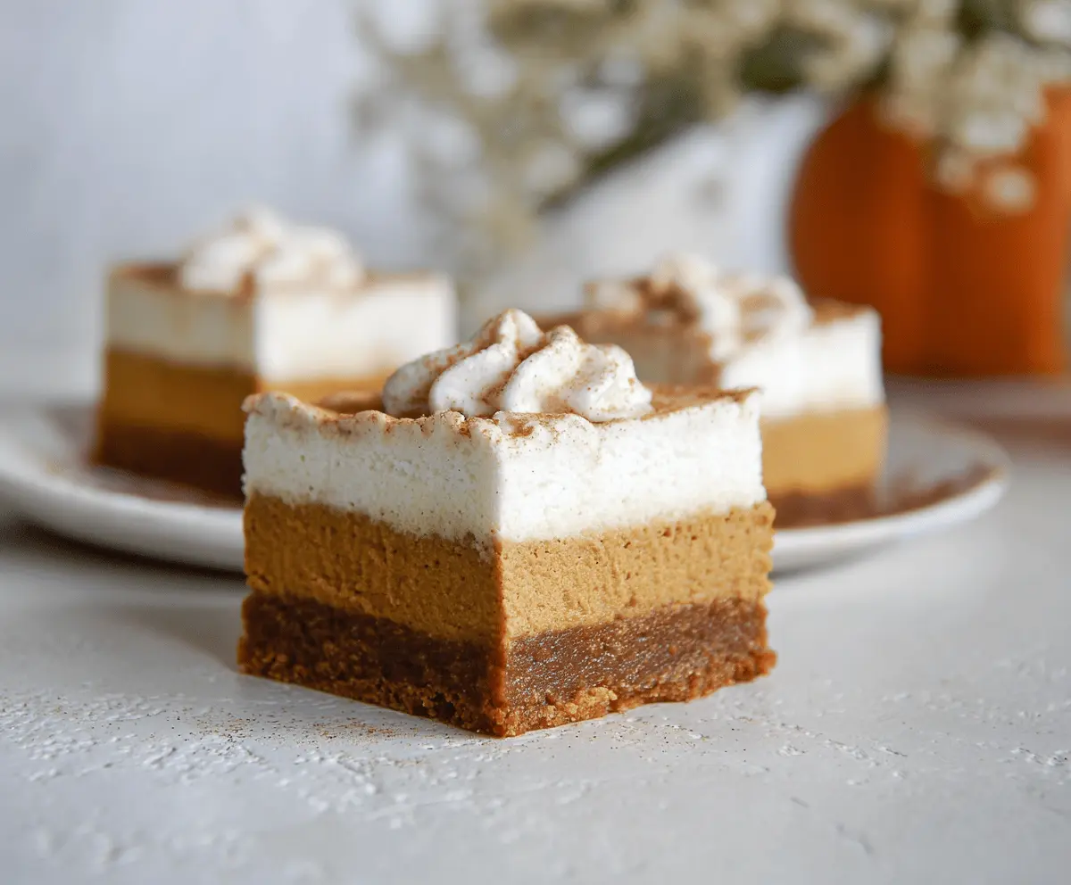 Delicious pumpkin blondie cheesecake bars topped with creamy frosting and chocolate drizzle, perfect for fall desserts.