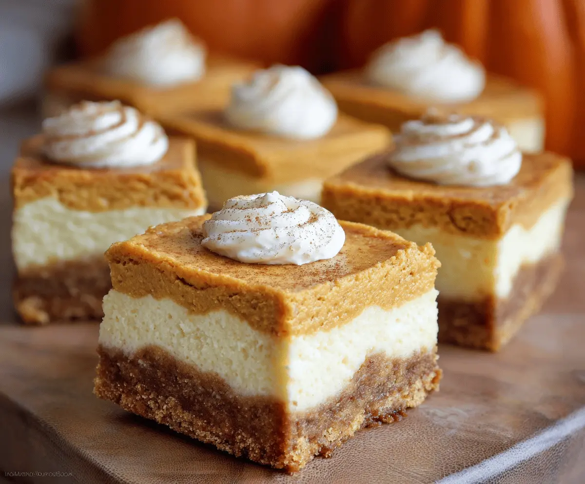 Delicious pumpkin cheesecake bars topped with whipped cream and a sprinkle of cinnamon, perfect for fall desserts.