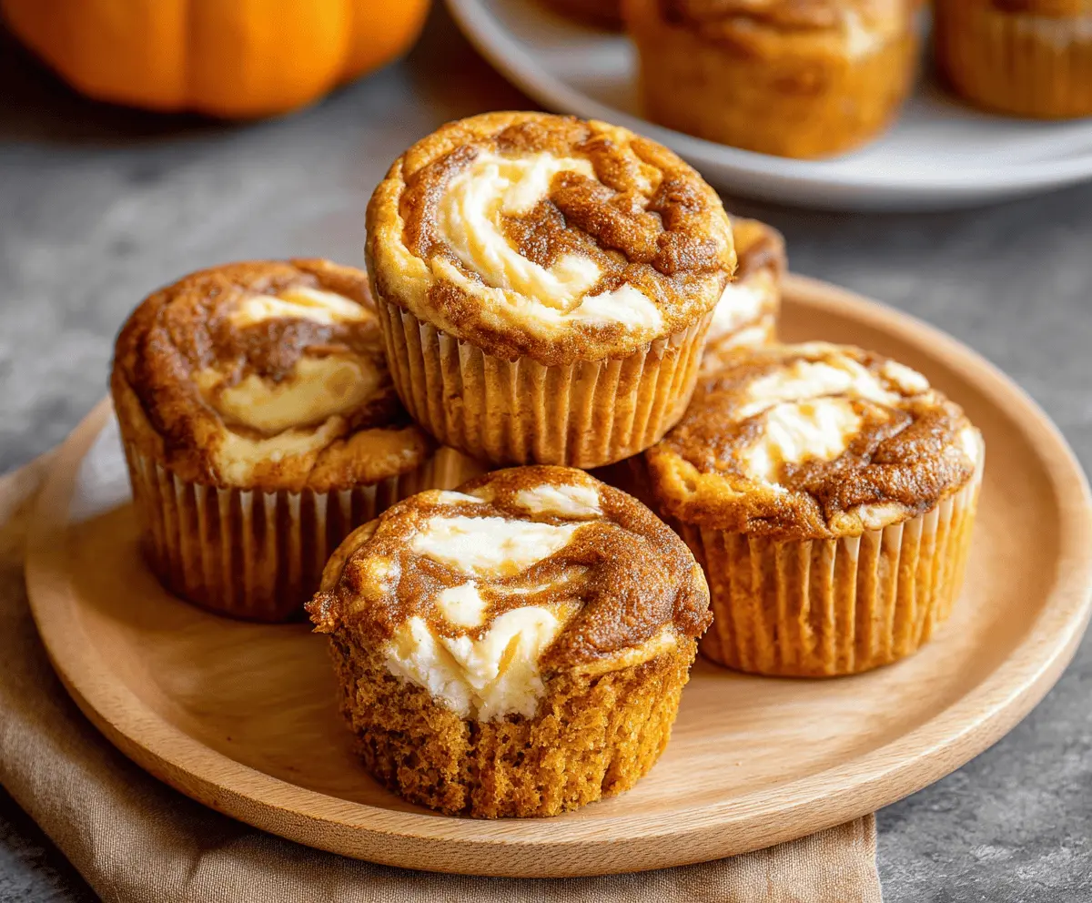 Delicious pumpkin cheesecake muffins with creamy cream cheese filling and a spiced pumpkin topping on a rustic plate