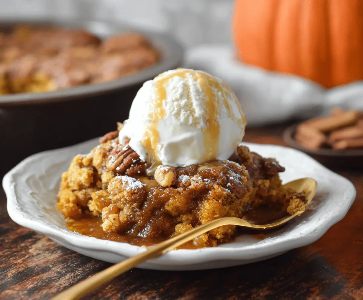 Delicious homemade pumpkin cobbler topped with golden, flaky crust and served warm, perfect for fall desserts