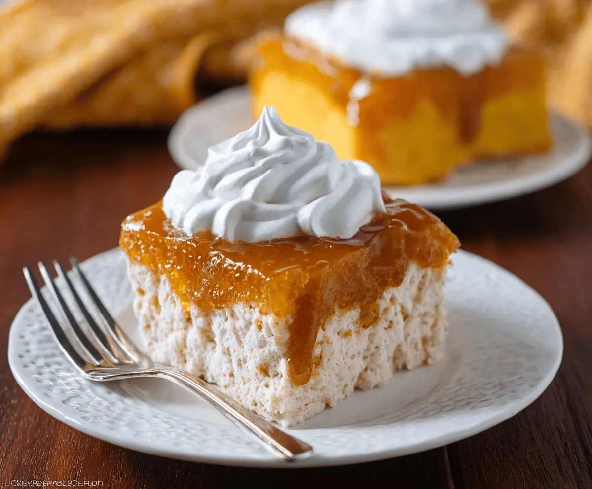 Delicious Pumpkin Jello Poke Cake topped with whipped cream and sprinkles, perfect for fall desserts.