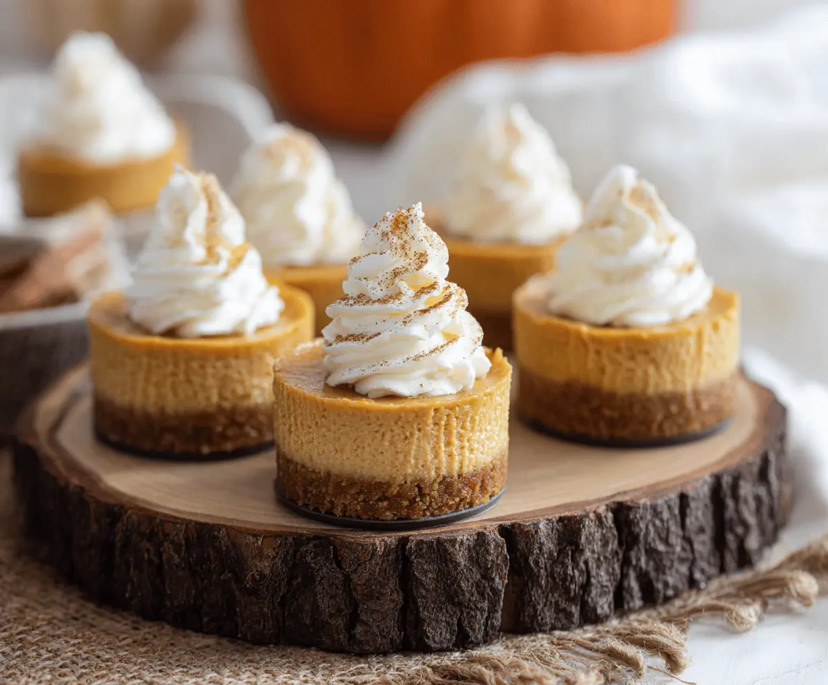 Delicious Pumpkin Mini Cheesecakes topped with whipped cream and cinnamon, perfect for fall desserts.