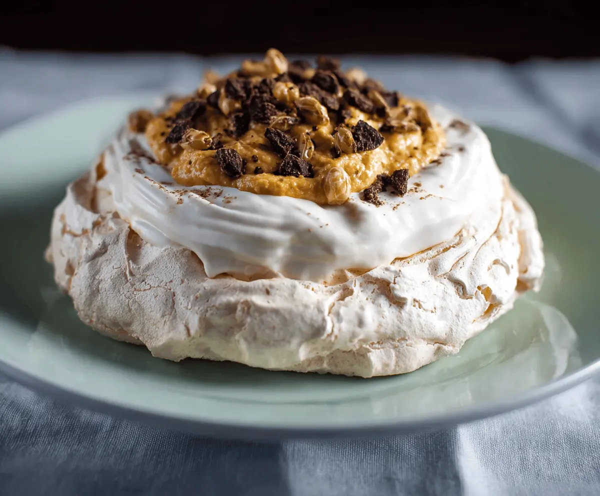 Delicious pumpkin Pavlova topped with whipped cream and fresh autumnal fruit, perfect for fall desserts