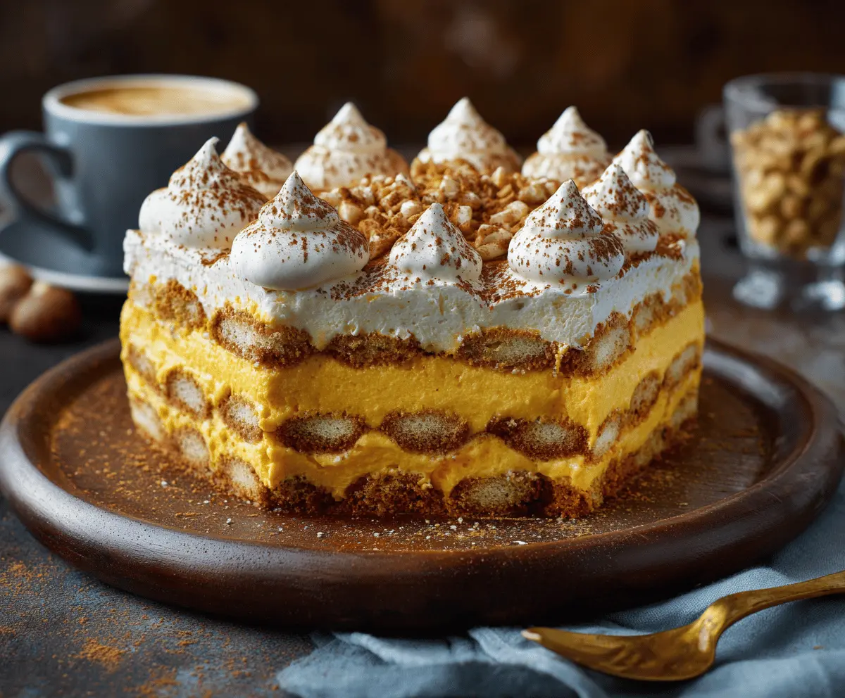 Delicious pumpkin tiramisu dessert layered with mascarpone cheese, cocoa powder, and pumpkin puree, perfect for fall celebrations