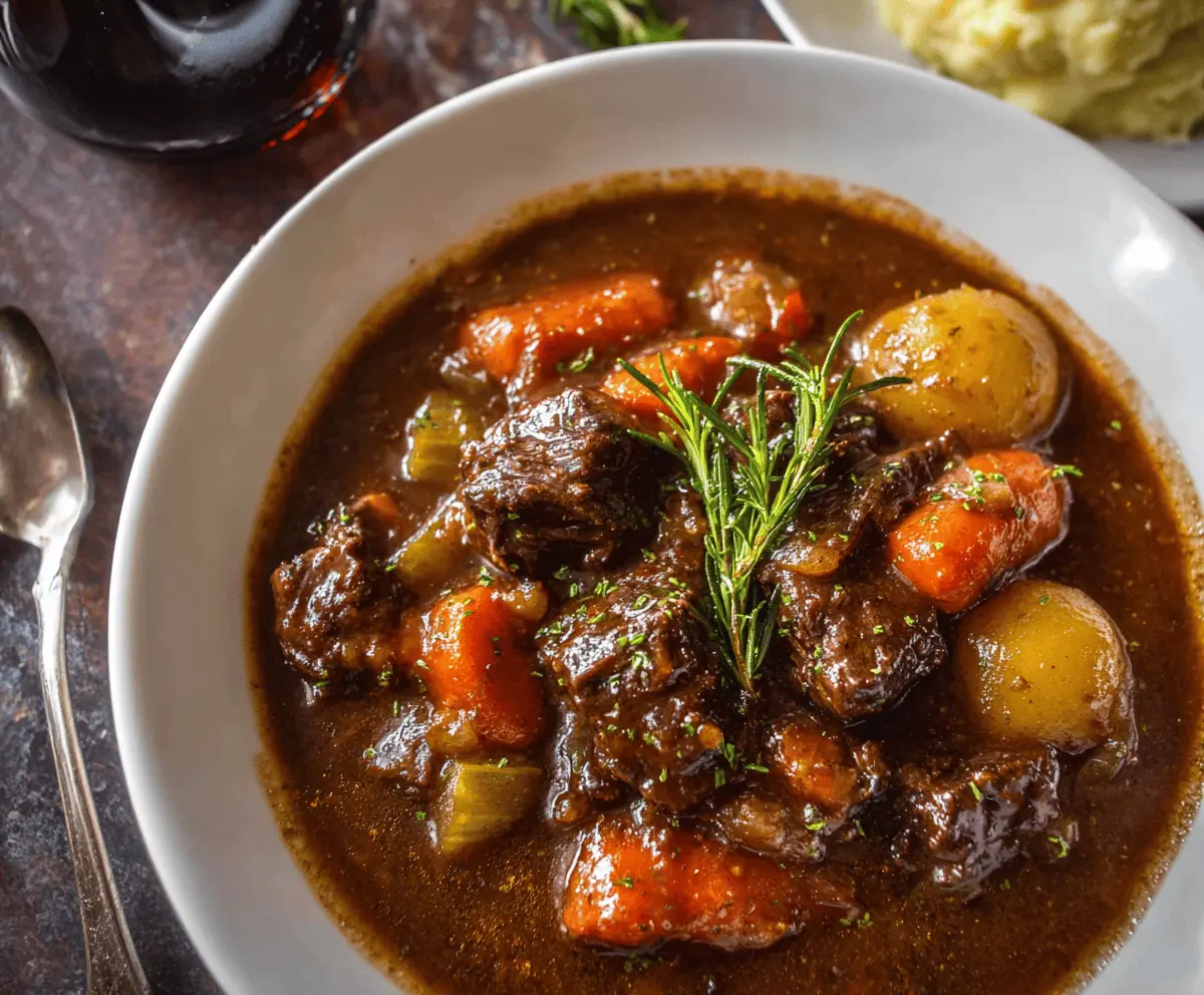 Delicious red wine beef stew with tender beef chunks, carrots, potatoes, and fresh herbs in a rich, flavorful broth.
