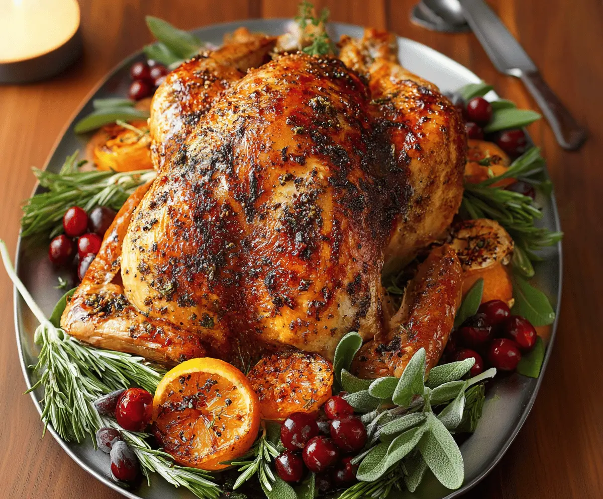 Juicy roast turkey garnished with herbs on a festive dinner table