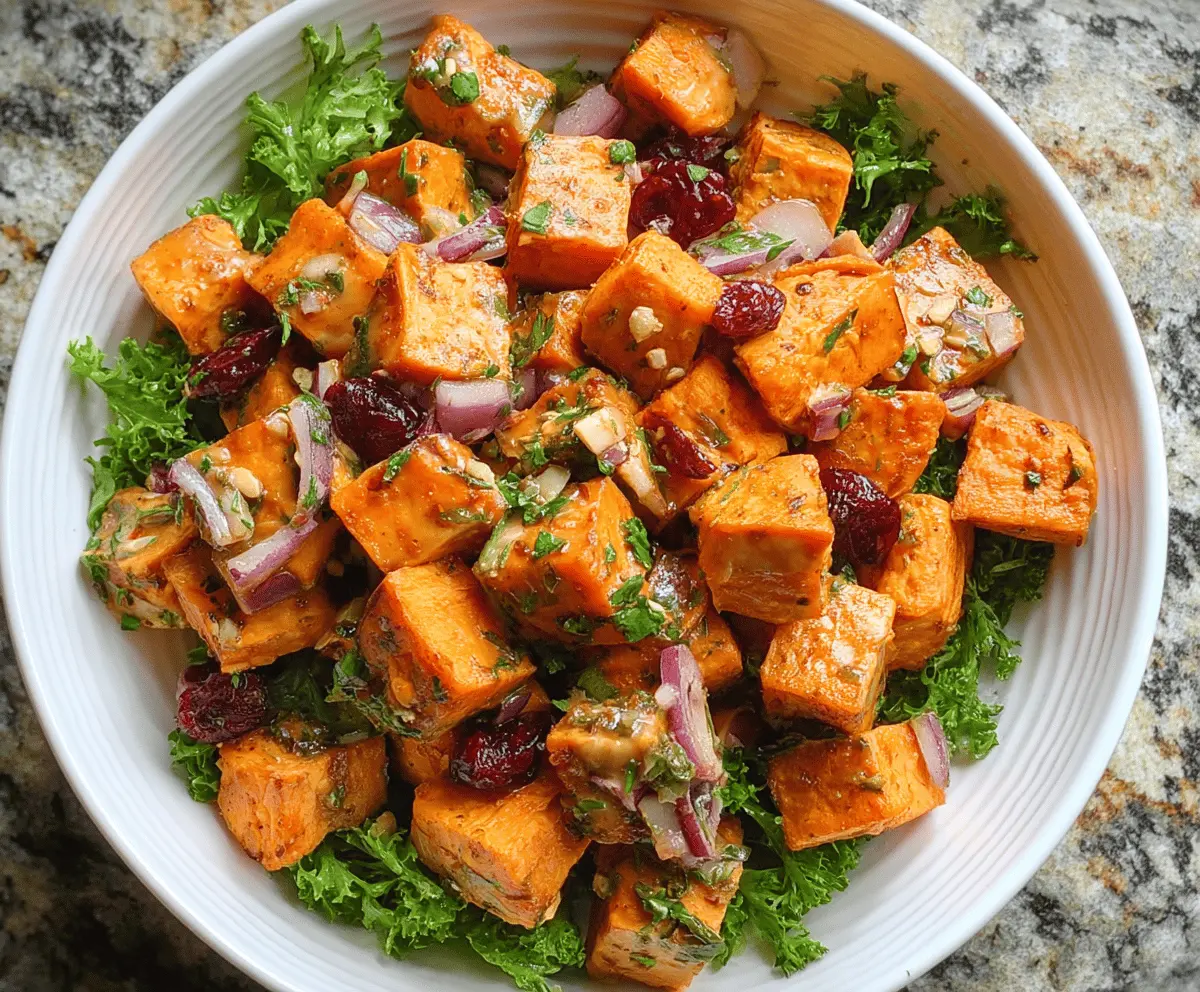 Colorful roasted sweet potato salad with fresh greens, avocado slices, and a light vinaigrette, perfect for a healthy meal.