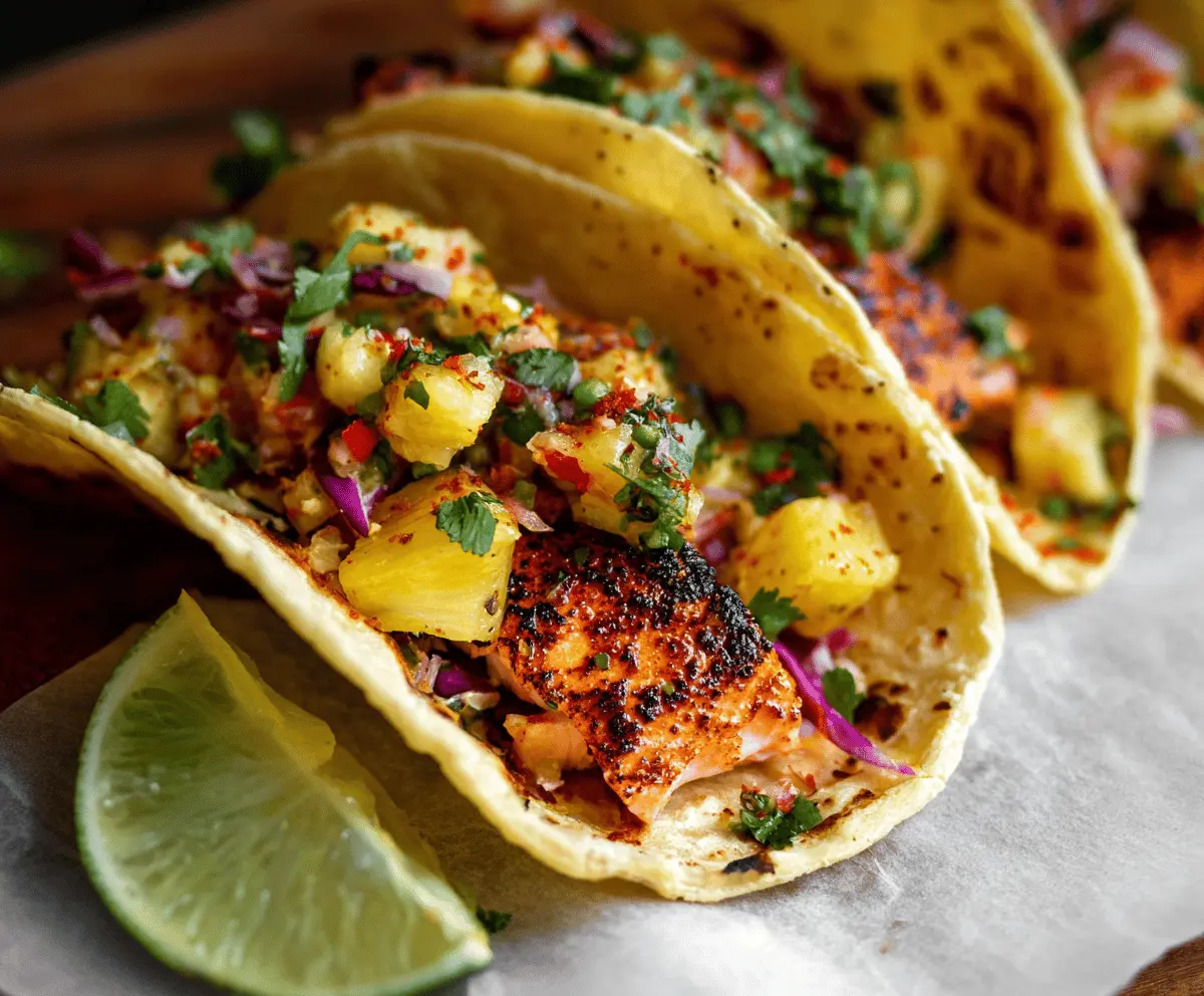 Delicious salmon tacos topped with fresh pineapple avocado salsa on a plate, perfect for a flavorful seafood meal