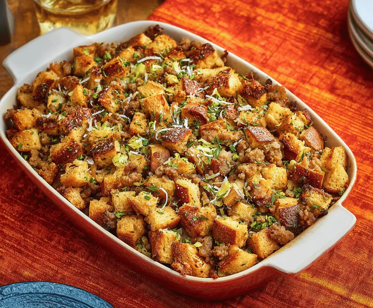Savory sausage stuffing in a baking dish, perfect for holiday dinners
