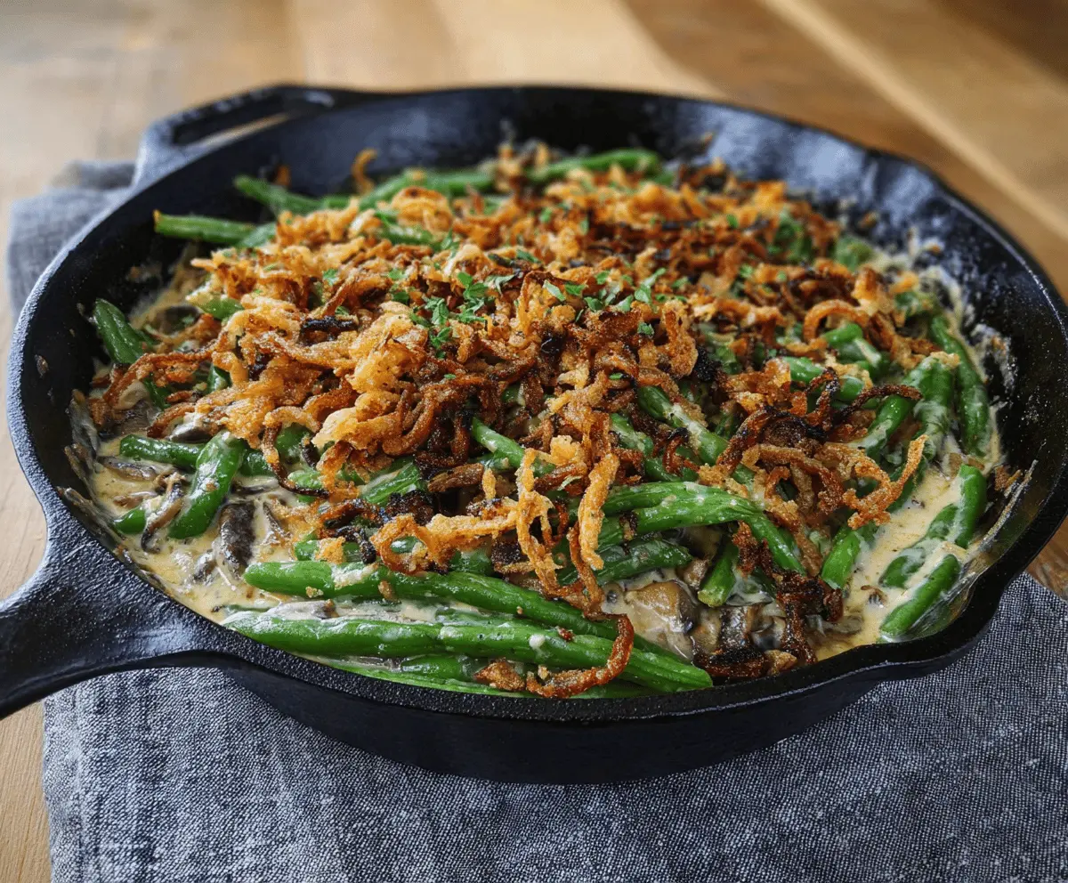 Delicious skillet green bean casserole topped with crispy fried onions and fresh herbs, served in a rustic skillet for a comforting holiday side dish.