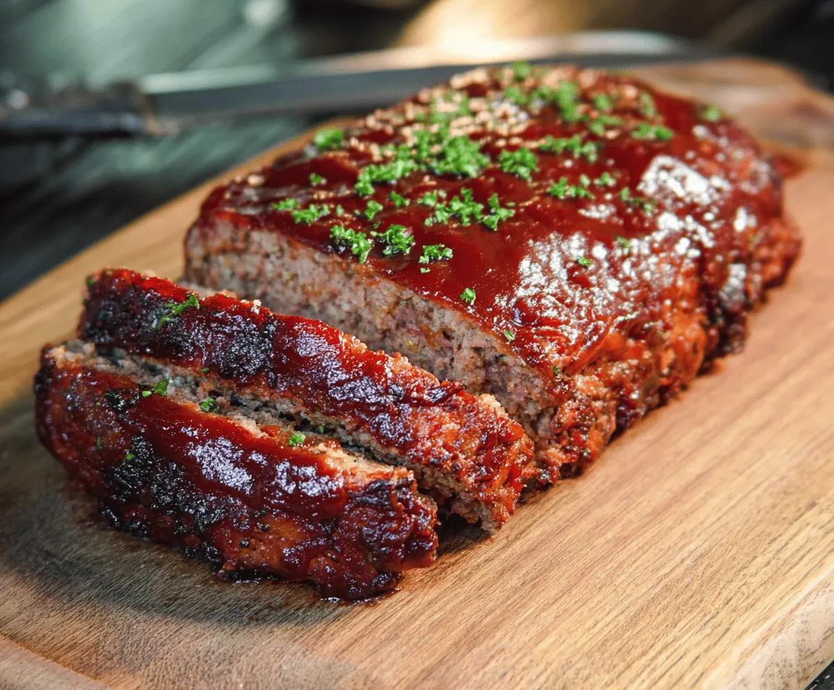 Delicious smoked meatloaf served on a rustic wooden platter with herbs
