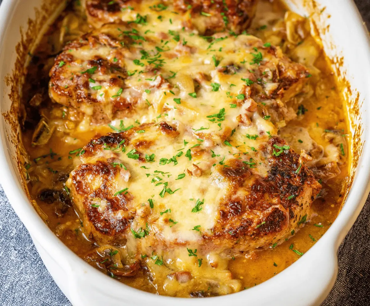 Delicious smothered pork chop casserole topped with melted cheese and crispy onions, served in a baking dish