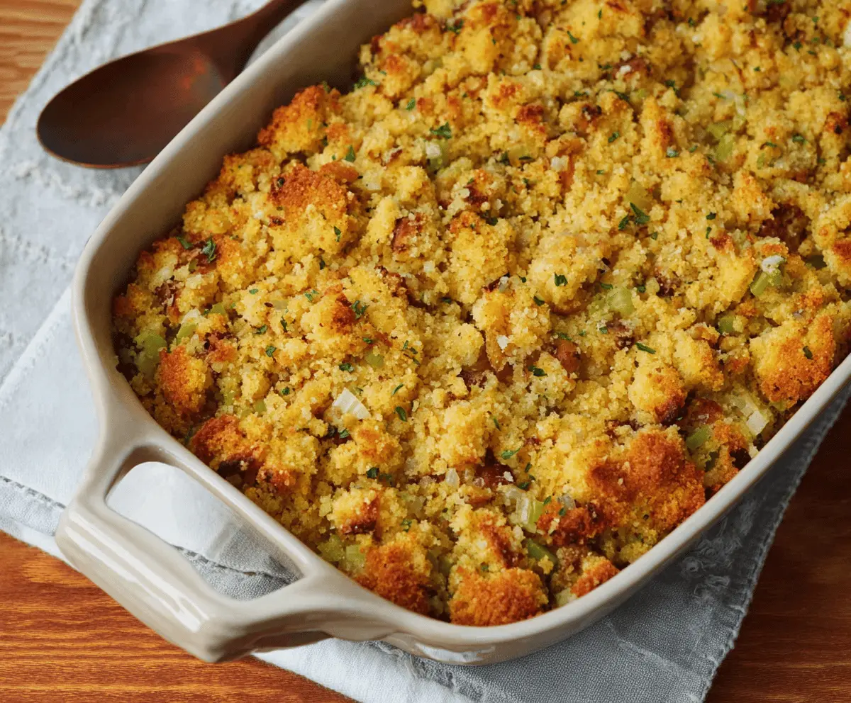 Delicious Southern Cornbread Dressing with crispy golden topping and savory herbs, served as a traditional holiday side dish