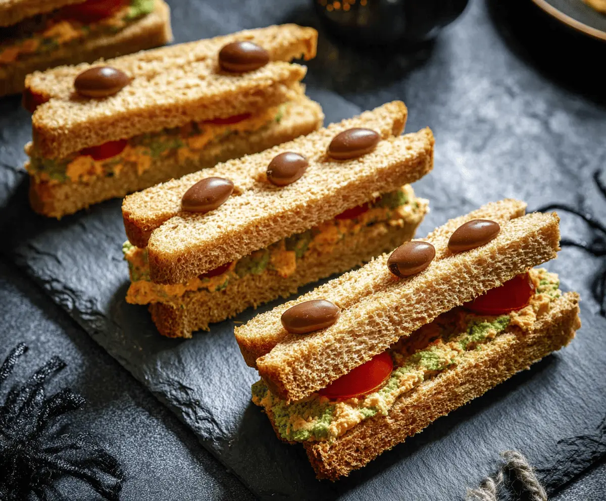 Delicious spooky finger sandwiches with eerie green filling and creepy Halloween-themed decorations, perfect for a Halloween party.