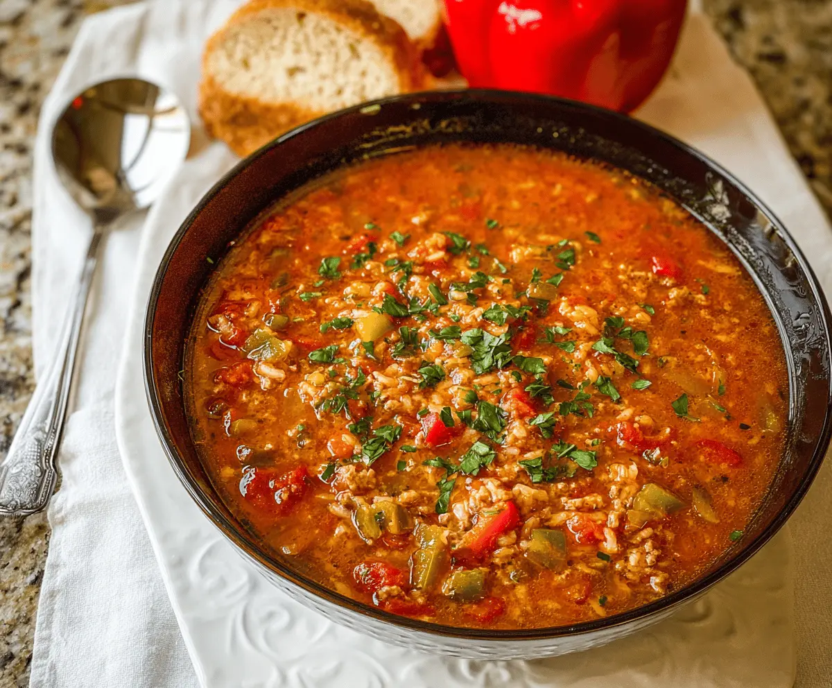 Hearty stuffed bell pepper soup in a bowl with fresh herbs and melted cheese topping