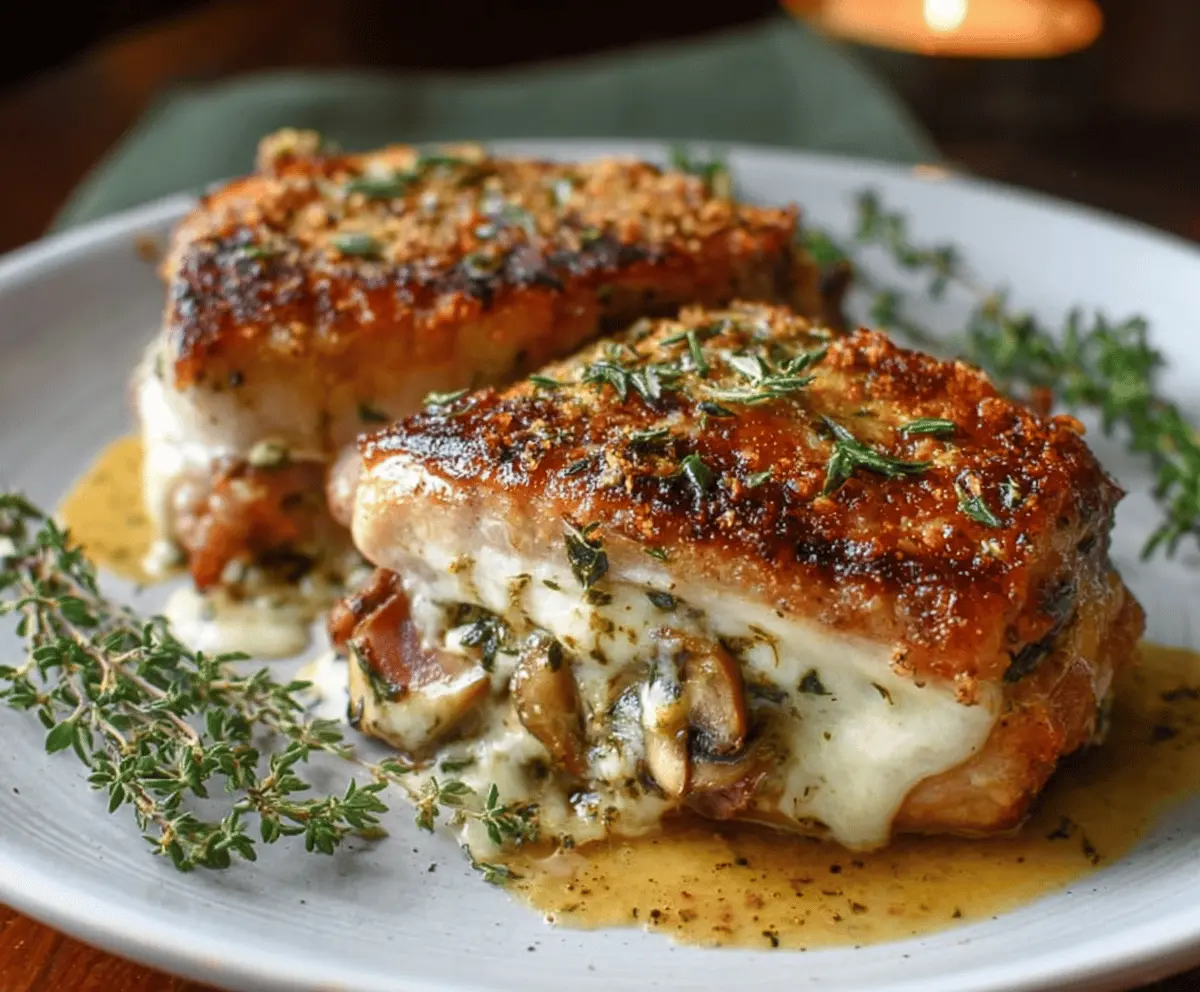 Juicy stuffed pork chops filled with herbs and cheese, served with roasted vegetables on a white plate.