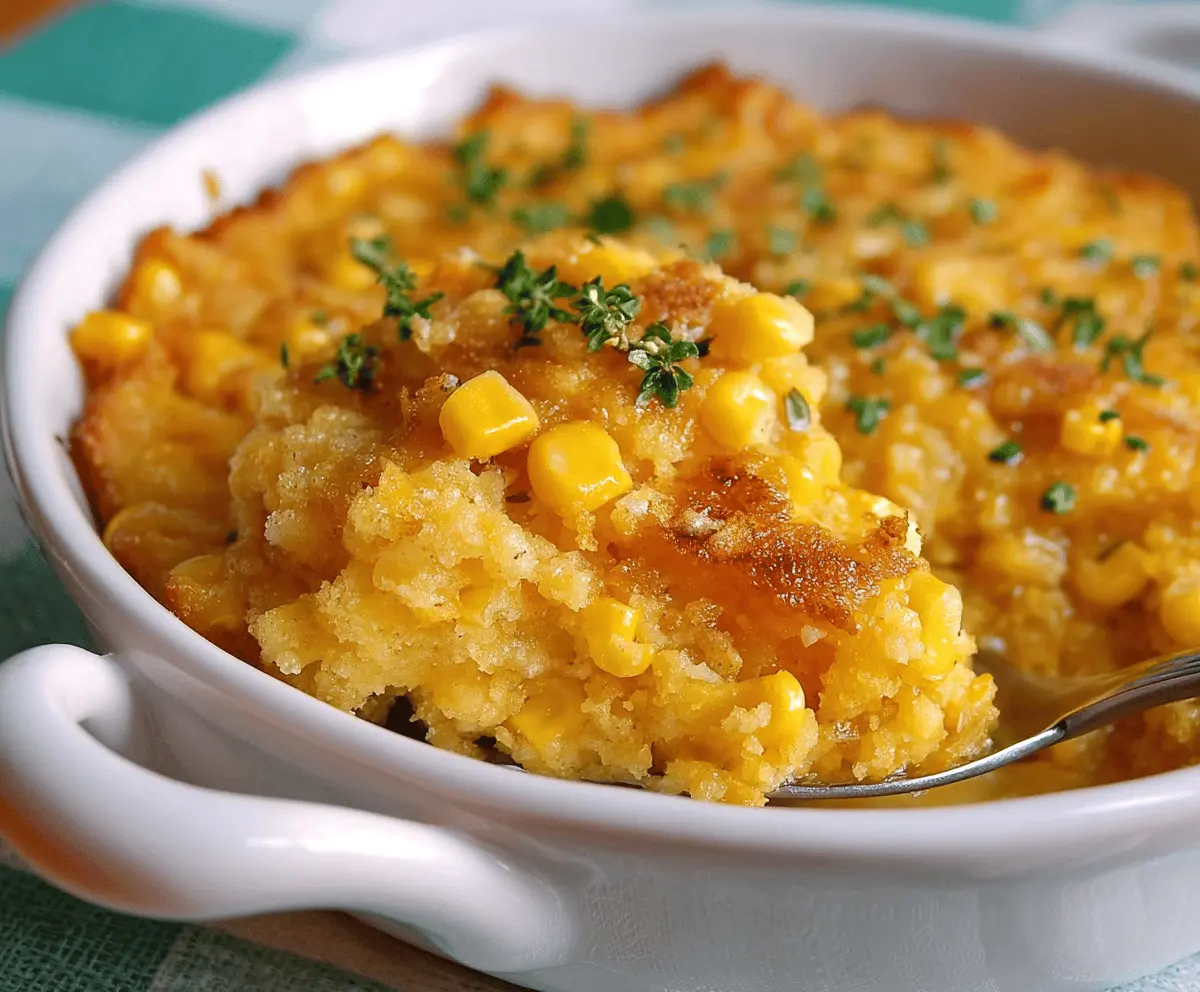 Delicious sweet corn casserole topped with melted cheese and fresh herbs, served in a baking dish perfect for family gatherings
