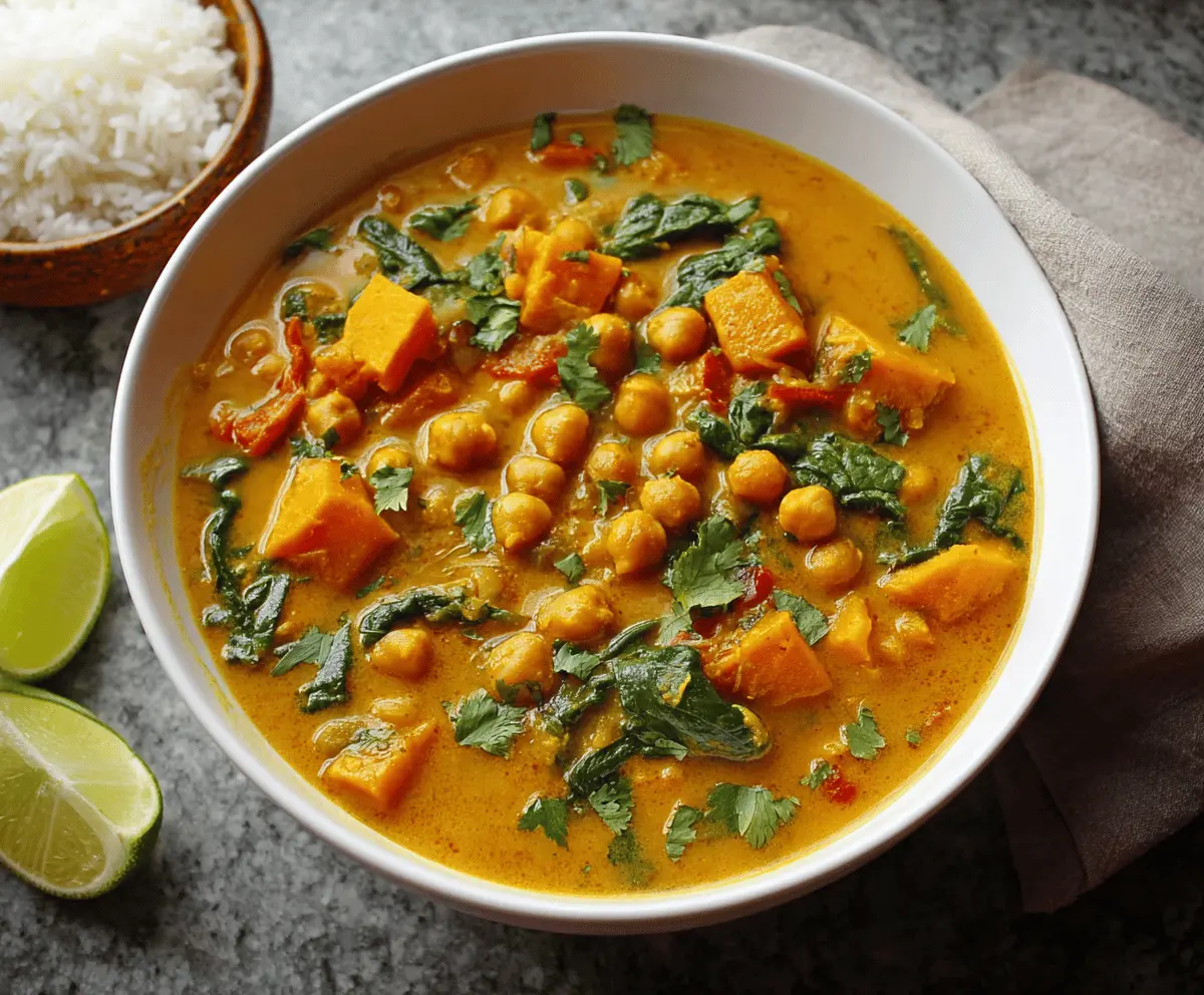 Creamy sweet potato and chickpea curry soup garnished with fresh herbs in a bowl, perfect for a flavorful and hearty vegan meal.